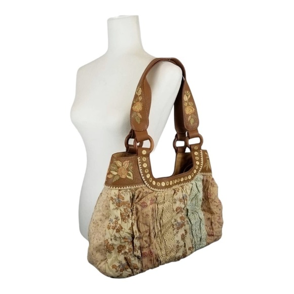 Vintage J. Jill Boho Floral Embroidered Cotton & Leather Shoulder Bag - Picture 2 of 8